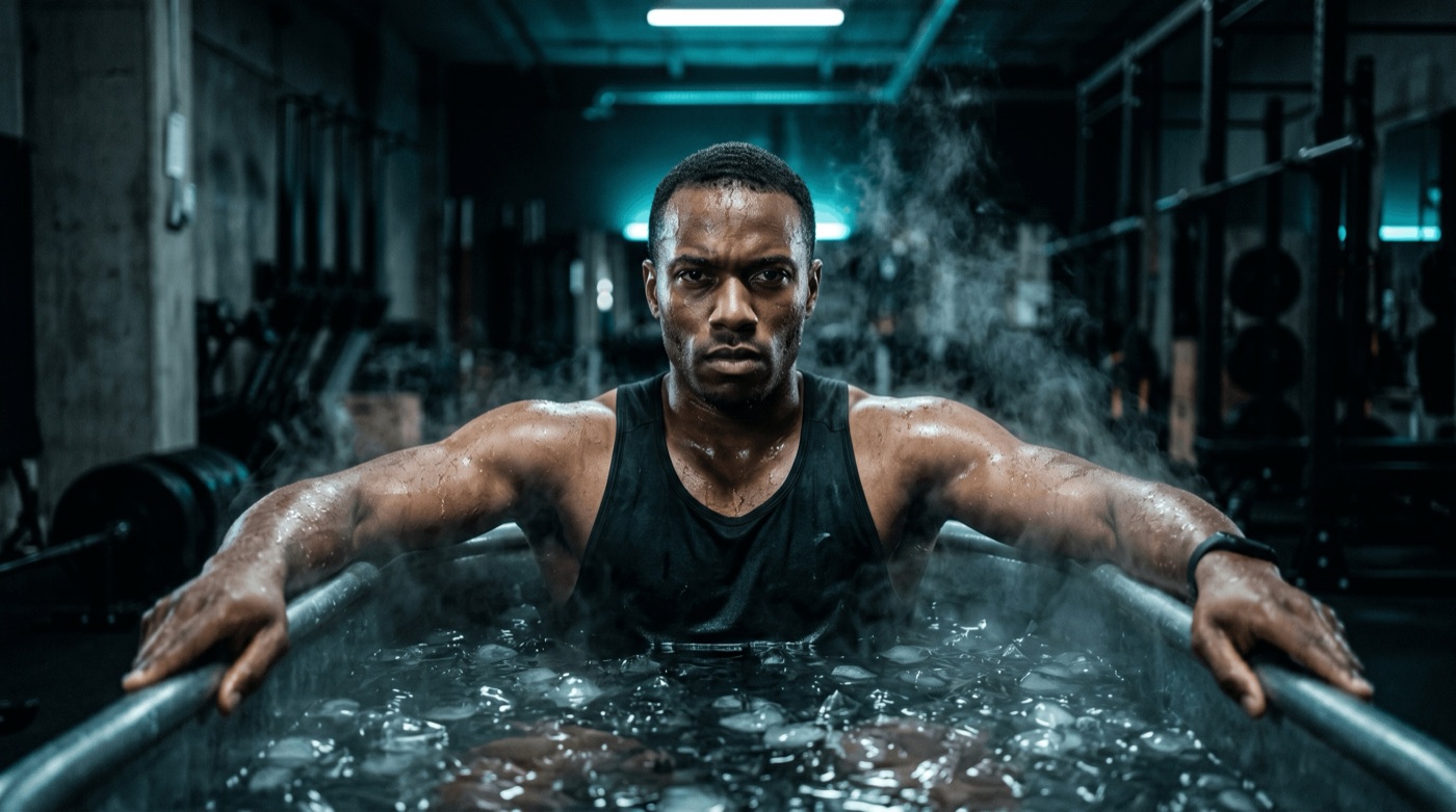 Athlete submerged in an ice bath in a dark gym setting with cold steam rising from the water