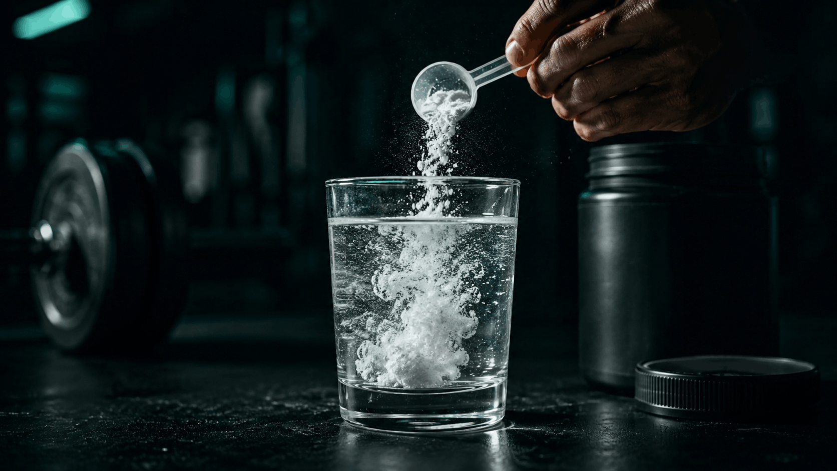 Creatine powder being measured into a glass of water in a dark gym setting