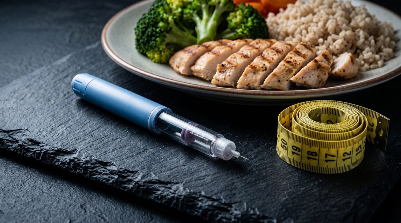 Close-up of a syringe pen beside a measuring tape and a nutritious meal on a dark surface