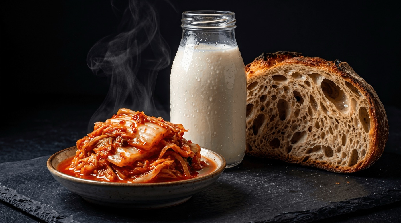Macro photograph of fermented foods — kimchi, kefir, and sourdough — arranged on a dark slate surface with dramatic lighting