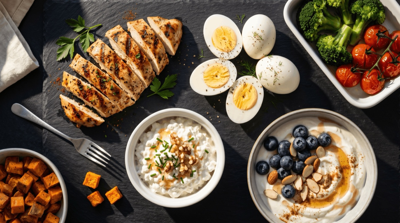 High-protein meal prep containers with grilled chicken, eggs, and cottage cheese on a dark stone surface