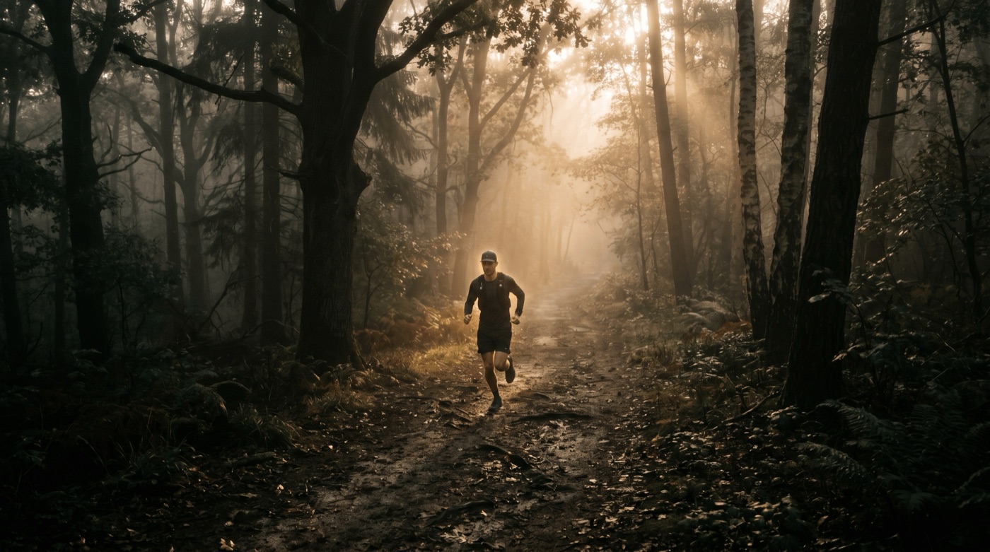 Runner on a misty trail at low intensity in early morning light
